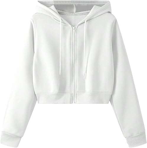 PDKFASHIONSCasual Wear Solid Long Sleeve Drawstring Full Zip Hooded Jacket Crop Sweatshirt for Women's