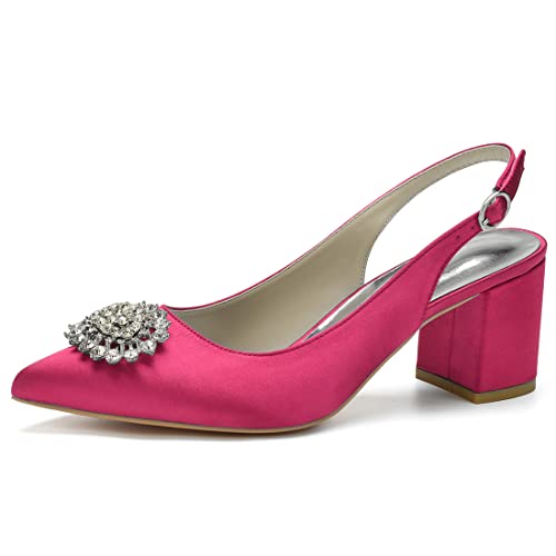 Chaussures à enfiler à bout pointu satin rose à talon 6 cm et bride strass