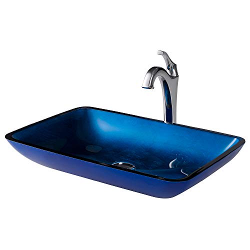 KRAUS 22-inch Rectangular Blue Glass Bathroom Vessel Sink and Arlo Faucet Combo Set with Pop-Up Drain, Chrome C-GVR-204-RE-1200CH