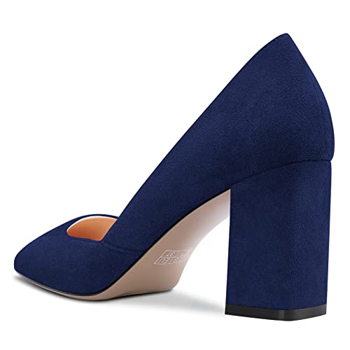 HDEUOLM Women Chunky Block Mid Heel Square Toe Pumps Slip-on Wedding Office Classic 3.0 Inches Heels Shoes3