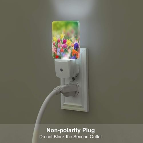 Image of Summer Colorful Flowers Night Light Set of 2, Spring Floral Auto Sensor LED Dusk-to-Dawn Nightlights, Plug-in Sensor Lamp for Bedroom Bathroom Kitchen Hallway Stairs Decorative