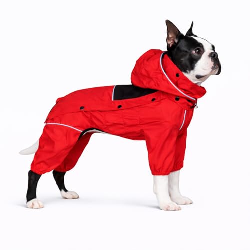 LOVELONGLONG Waterproof Dog Raincoat with Removable Hood  Outdoor Full Body Dog Jacket, Windproof Snowproof Shell Suit  All Season Pet Rain Gear Red L