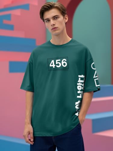 Image of Bewakoof X Squid Game Men's Cotton Graphic Print Oversized Fit Half Sleeve Round Neck T-Shirt | Casual Wear | Street Wear | Oversized t Shirt for Men Cotton | Baggy