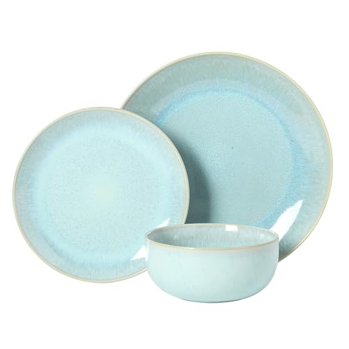 Image of Gibson Elite Pine Coast Plates and Bowls Sets, 12-Piece Stoneware Dinnerware Sets, Reactive Glaze Dish Set - Blue
