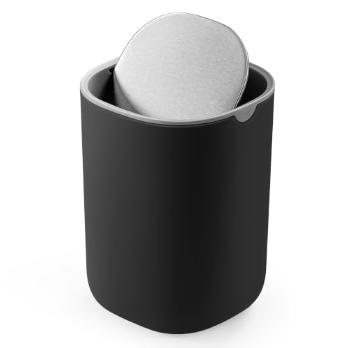 SONGMICS Tischmülleimer mit Deckel Mini Mülleimer Kosmetikeimer Tischabfalleimer für Bad Schreibtisch Schlafzimmer Auto Schwingdeckel aus Edelstahl 1 5 L Schwarz LTB150B101