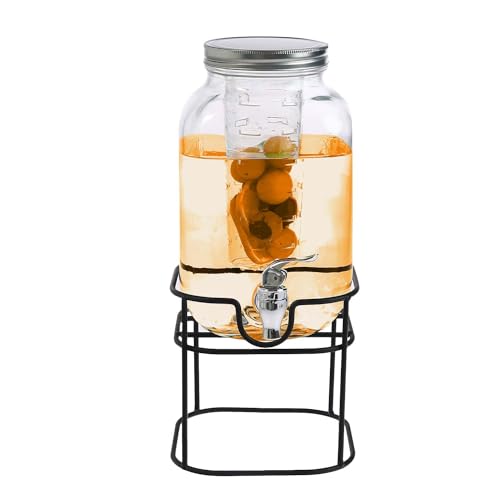 Crystals 4L Glass Water Drinks Dispenser with Tap Wide Mouth Beverage & Juice Server with Metal Stand and Wire Handle Leak-Proof Vintage Style Drink Jar for Parties Events & Home Use