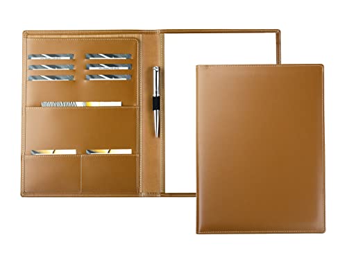 DELMON VARONE - Personalisierbare Schreibmappe DIN A4 aus Cambridge Top Grain Leder braun, Organizer Konferenzmappe mit Notizblock, Stiftschlaufe & Einsteckfächer, Echtleder Business Besprechungsmappe