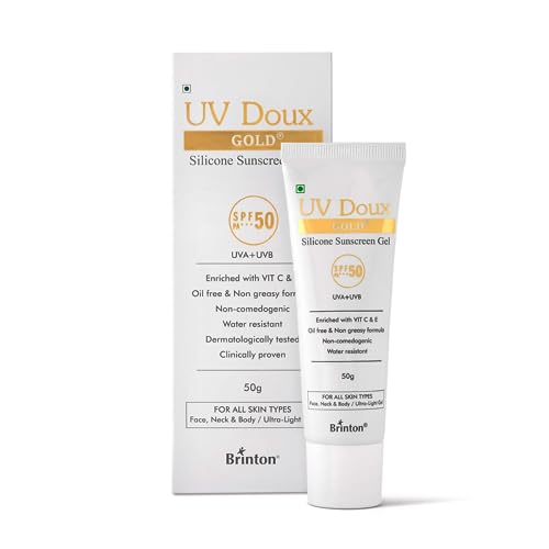Image of UV Doux Gold Silicone Sunscreen Gel SPF 50 PA+++ |India's No.1 Dermatologist Recommended Brand In-vitro, In-Vivo Tested |UVA /UVB protection| Anti-Aging, Gel for Hyperpigmentation| Benzene-Free| 50 g