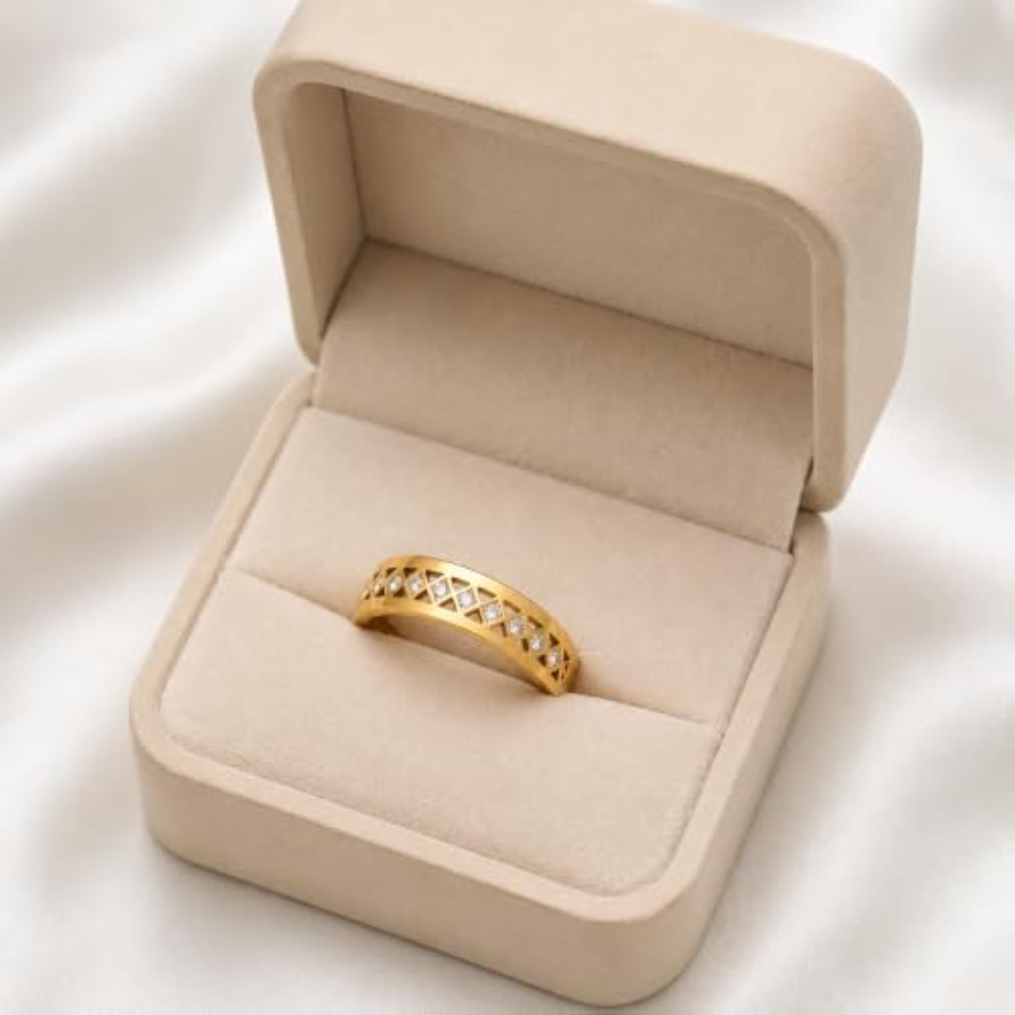 Women's Anti Tarnish Gold Plated Geometric Crystal Studded Openwork Ring
