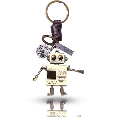AuPra Robot Keychain Gift for Women & Men | Handmade Leather Funny Key Chain | Vintage Charm for Home, Car & Door Keys | Cute Keyring Present for Boys & Girls