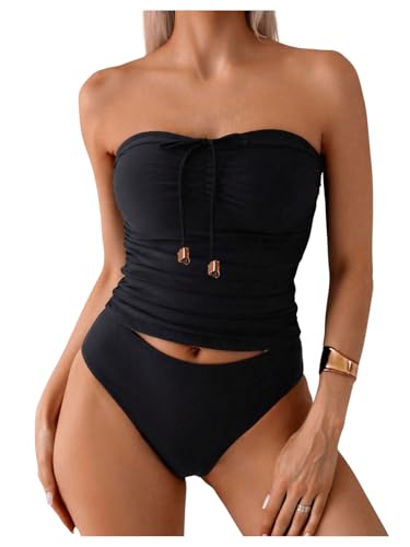 SweatyRocks Women's Swimsuit Ruched Strapless Bandeau Bikini Sets 2 Piece Bathing Suit