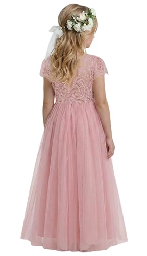 2Bunnies Girl Paisley Lace Back A-Line Tutu Tulle Party Flower Girl Dresses (Short Sleeve Maxi-Dusty Pink, 4T)