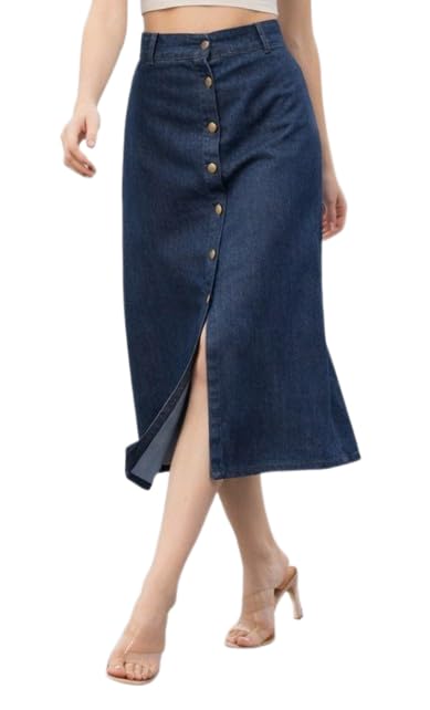 Image of Flared Comfortable Solid Long Denim Skirt for Women & Girls