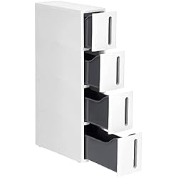Cajoneras De Plastico Estrechas SONGMICS Torre de Almacenamiento con Ruedas, Columna para Cocina Estrecha, Estante de plástico con 4 Niveles, Ahorro de Espacio, 45 x 17 x 84 cm, Blanco y Gris, KFR008G01