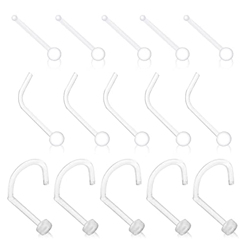 LEEQ 15 Pieces Clear Nose Ring Flexible Acrylic Nose Stud Retainer for Body Piercing