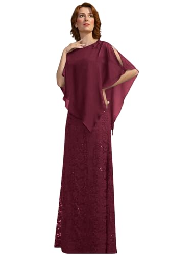 Women's Capelet Overlay Dresses for Women Formal Prom Evening Gowns with Cape Chiffon Mother Dress for Wedding Burgundy