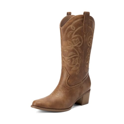 Image of DREAM PAIRS Cowboy Boots for Women Cowgirl Western Boots Fashion Embroidery Stitched Chunky Heel Mid Calf Boots