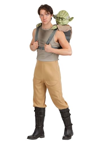 Mens Deluxe Star Wars Luke Skywalker Costume with Yoda Backpack, Shirt & Pants | Galaxy Training Wizard Halloween Outfit Small