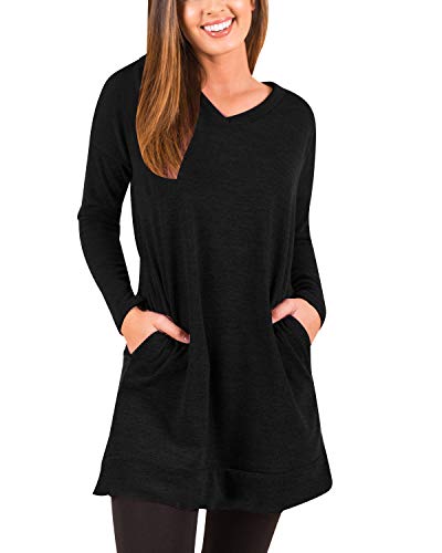 kenoce Sweat-Shirt Long Femme Longue Top Col V Pullover Longue Pull Tunique Blouse T-Shirt Robe Hiver Chaud Pullover Jumper S-XXL Noir L