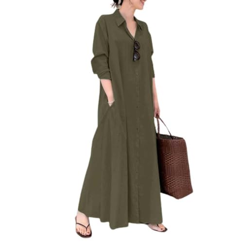 chouyatou Women's Basic Loose Fit Long Sleeve Button Up Maxi Shirt Dress with Pockets (Medium, Army Green)