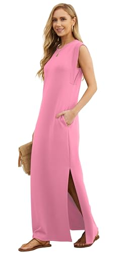Image of GRECERELLE 2026 Women Year-Round Casual Round Neck Loose Split Wrinkle-Free Long Maxi Vacation Dress with Pockets (XXS-4XL)