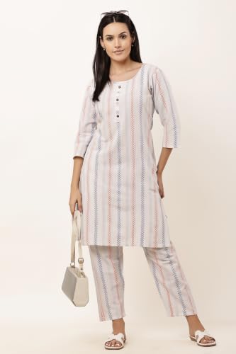 Image of Women Cotton Blend Kurti Pant Set for Women Ethnic Printed Straight Kurta with Pants Co Ord Set Casual Office Wear Traditional Kurta Set Blue 3 /4 Sleeve Round Neck