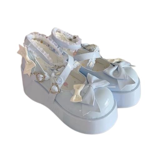 Lolita Platform Shoes for Women with Bows and Lace Trim Round Toe Chunky Sole Mary Jane Flats