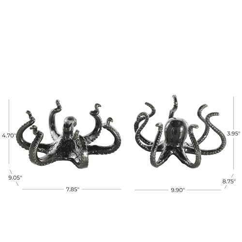 Image of Deco 79 Aluminum Metal Octopus Decorative Sculpture Home Decor Statues with Splayed Arms, Set of 2 Accent Figurines 9 inchW, 4 inchH, Black
