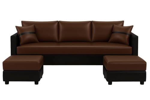 Image of FURNY Opalz Premium 3 Seater Leatherette Sofa Set with 2 Ottomans for Living Room-Modern Fabric Sofa for Living Room | in Dual Brown Color in Leatherette | Durable Comfort | Modern