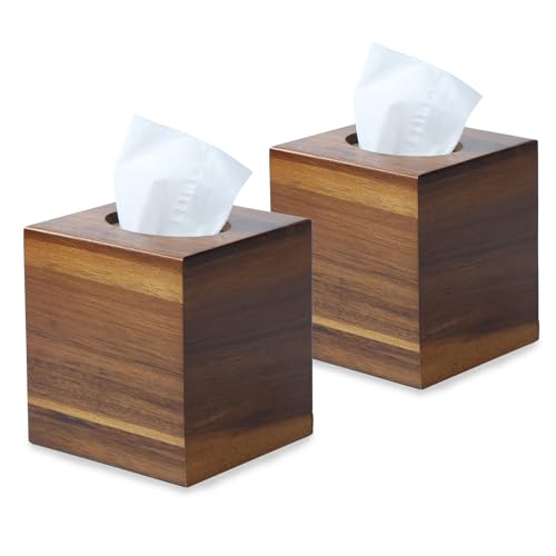 YANGQIHOME 2 Pack Tissue Box Cover Square, Acacia Wood Tissue Holder for Bathroom, Living Room, Dining Table, Decorative Cube Facial Tissue Box Cover, 5.3 x 5.3 x 6.1 inches