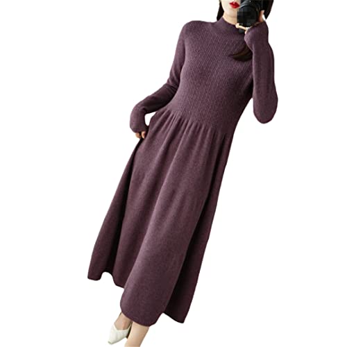 Ownwfeat Damen Kaschmirwolle Langarm Strickkleid Weich Halb Rollkragenpullover Langes Kleid, violett, M