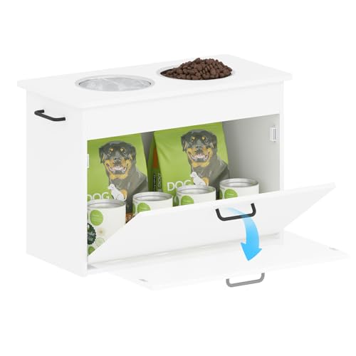 Hundenapf Erhöht Große Hunde, Weißer Futterschrank mit 2 Edelstahlnäpfen, Futterstation Hund mit Stauraum und 3 Griffen, Erhöhter Futternapf Hund, Hundebar Mittelgroße Hunde, 60x30x41cm