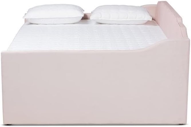 BOWERY HILL Pink Velvet Queen Size Daybed with Trundle, Channel Tufted Upholstery, Foam Padded Wood Frame, Includes Twin Size Pull Out Trundle, Elegant Bedroom Furniture, 85.4 in Wide