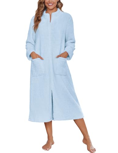 Image of Ekouaer Women Zipper Robe Fleece Long Sleeves Bathrobe Sleepwear Warm Soft Housecoat with Pockets Zip Up House Dresses