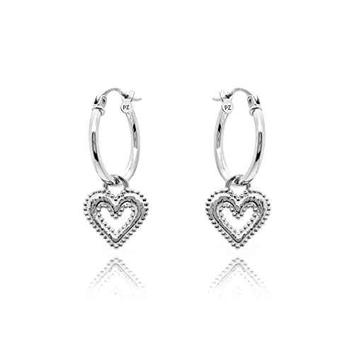 925 Sterling Silver Heart Hoop Earrings with Heart Charm, Hypoallergenic Hoop Earrings for Girls and Women, Dainty Earrings, Trendy Jewelry by Paz Creations, Gold/Rose Gold/Silver Charm