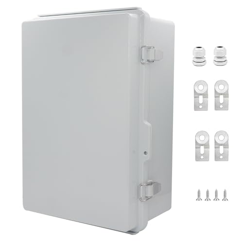 IP67 Waterproof Junction Box, ABS Plastic Electrical Enclosure with Stainless Steel Latch, Hinged Cover Electric Box with Mounting Plate, Wall Brackets &amp; Cable Glands 300x200x130