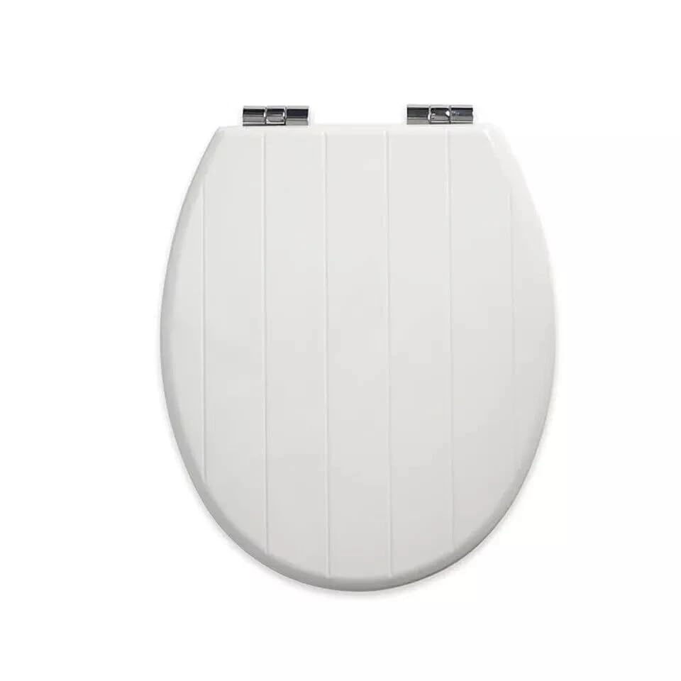 18 Inch Universal MDF Wooden Toilet Seat, Novelty Bathroom WC Loo Seat with Easy Fit Fittings for Standard Toilets (White Tongue & Groove Wooden)