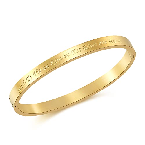 AFSTALR Bracelets Fin en Acier Inoxydable Bracelet pour Femme Personnalisé d’Inspiration d'amitié en Or Bracelet Jonc Pour Meilleur Ami avec Message Fais de Ta Vie un Rêve et Tes Rêves une Réalité Cover