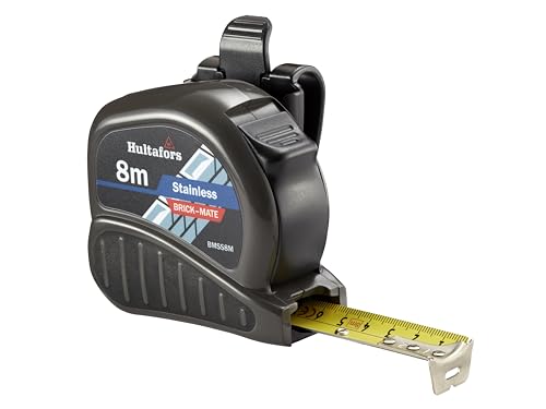 Hultafors BMSS8M Brick‑Mate Stainless Steel Pocket Tape 8m Metric Only with Non‑Slip Rubber Grip and Strong End Hook