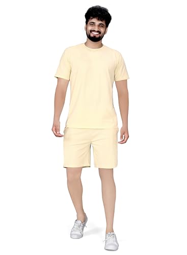 Image of ELLITI Cotton Blend Solid Casual Round Neck Half Sleeve Oversized Co-ord Set Men's, Pyjama Set, Sleepwear Loungewear T-Shirt and Shorts Combo for Men, Night Wear for Men, Night Suit for Men's