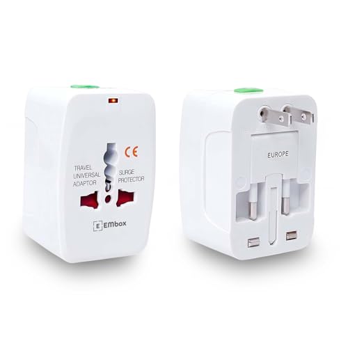 Image of EMBOX Universal Charger Adapter 240 AC Wall Charger 6 A Universal Travel Adapter All in One International Ports for USA EU UK AUS Supports 150+ Countries Smart Phone, Laptops, Cameras, Pack of 1