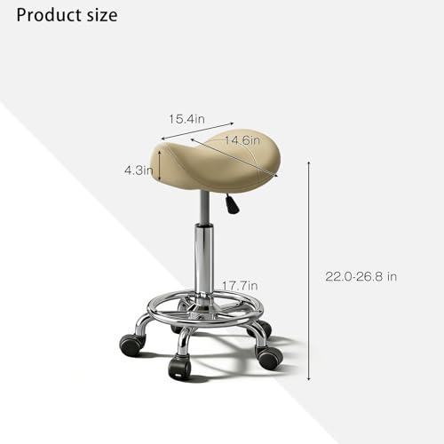 Image of Saddle Stool with Wheels, Adjustable Rolling Stool Chair with Back Support, Ergonomic PU Leather Saddle Chair for Salon, Massage, Tattoo, Medical, Spa, Office (Khaki, 1PCS)