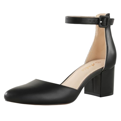 Image of Ankis Closed Toe Heels for Women, 2.25 Inch Low Block Chunky Dress Pumps | Black Nude White Gold Silver Pointed Toe Design, Soft Insole, Adjustable Ankle Strap, Classic Versatile, For Formal Daily