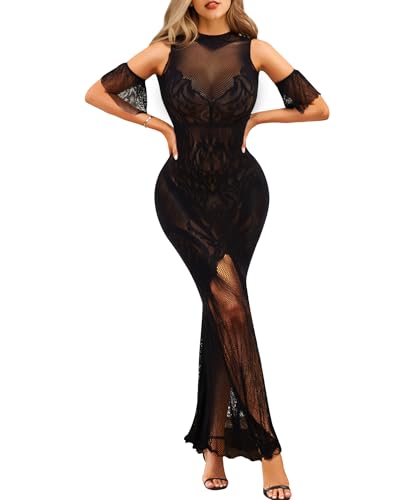 RSLOVE Women Lingerie Sexy Dress - Lace Mesh Sleepwear Maxi Nightgown Exotic Sheer Long Bridal Chemise with Detachable Sleeve