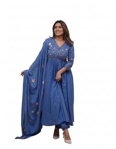 Image of Traditional Floral Embroidered Cotton Kurta Set with Dupatta