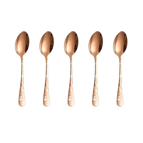 Image of 6.7 inch Rosegold Dessert Spoons with Floral Printed Handle | Set of 5 Durable Stainless Steel Teaspoons | Mirror Polished Silverware for Home, Restaurants, and Gift Giving