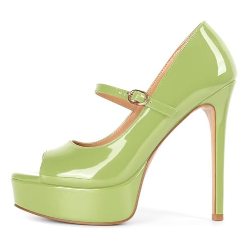 Image of SAMMITOP Women's Peep Toe High Heels Platform Stiletto Pumps Patent Mary Jane Heels 5.5 inch Party Wedding Dress Shoes