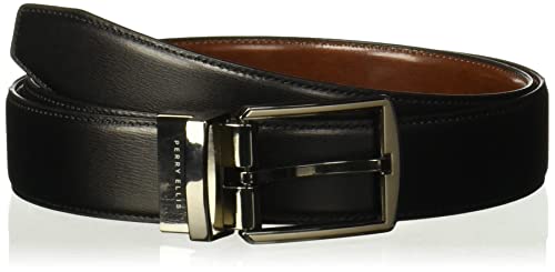 Perry Ellis Men's Portfolio Hi-lo Reversible Leather Dress Belt, Matte Finish, Stitched Edges Silver Prong Buckle, 1.5” Width