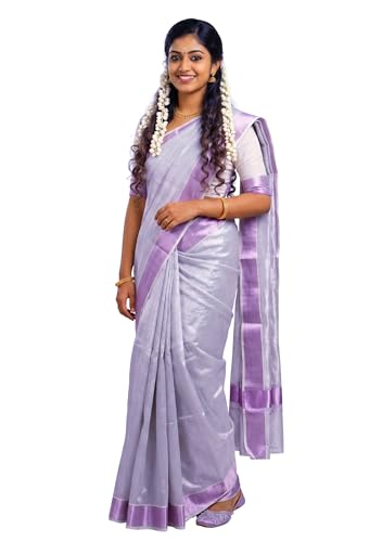 Image of Kerala Traditional Tissue Saree for Women with Running Blouse | South Indian Ethnic Saree for Weddings Onam Vishu Temple Wear & Festivals