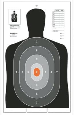 B-27E PROS Cardboard Target with Shaded Scoring Rings Starting Outside & Going Dark to Light with a Bright Orange Center Black & Gray & Orange 23" x 35" Printed on White Cardboard